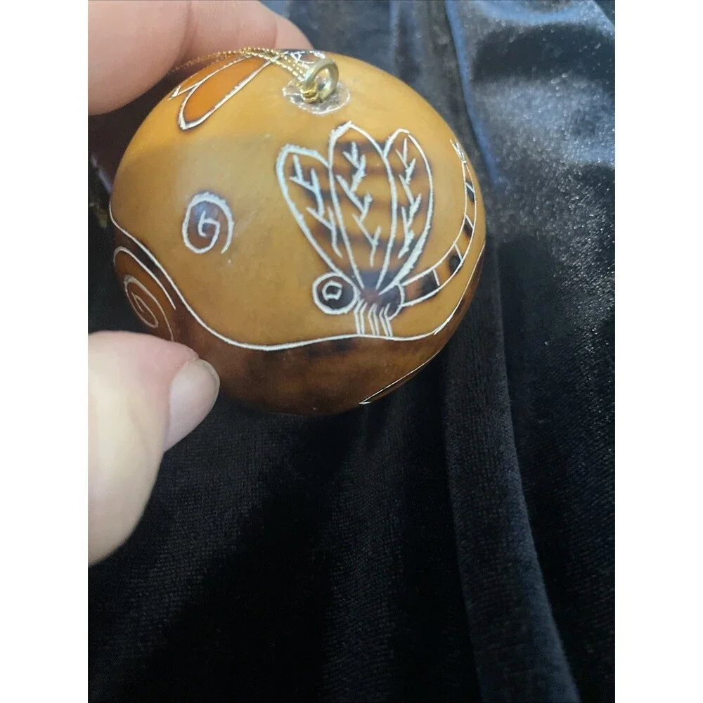 Hand Carved Gorde Peruvian Lucuma  Swirls & Dragonflies Christmas Ornament